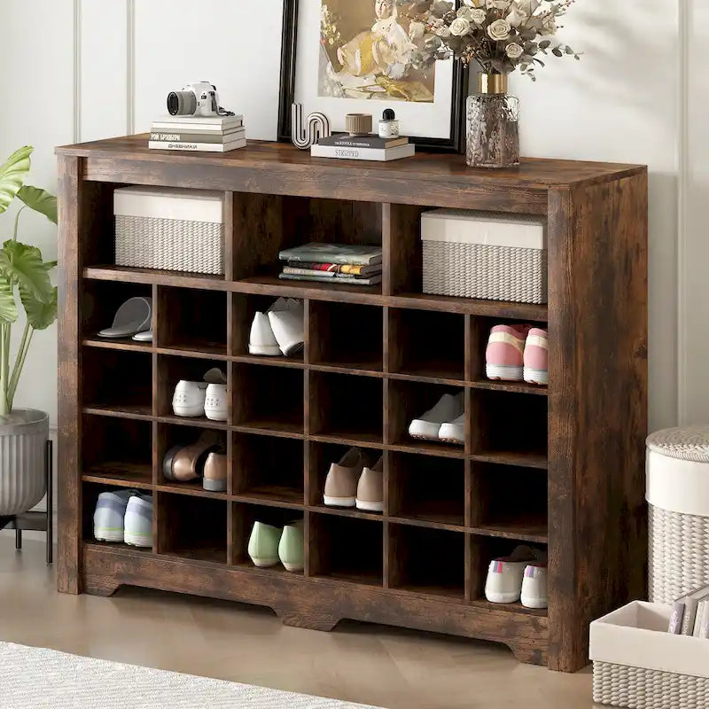 Sleek Design 24 Shoe Cubby Console, Modern Shoe Cabinet with Curved Base