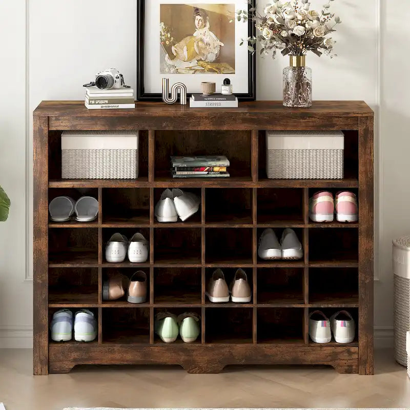 Console élégante avec 24 casiers à chaussures, meuble à chaussures moderne avec base incurvée