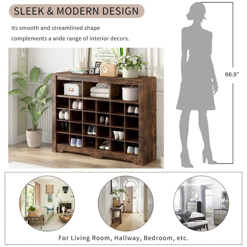 Console élégante avec 24 casiers à chaussures, meuble à chaussures moderne avec base incurvée
