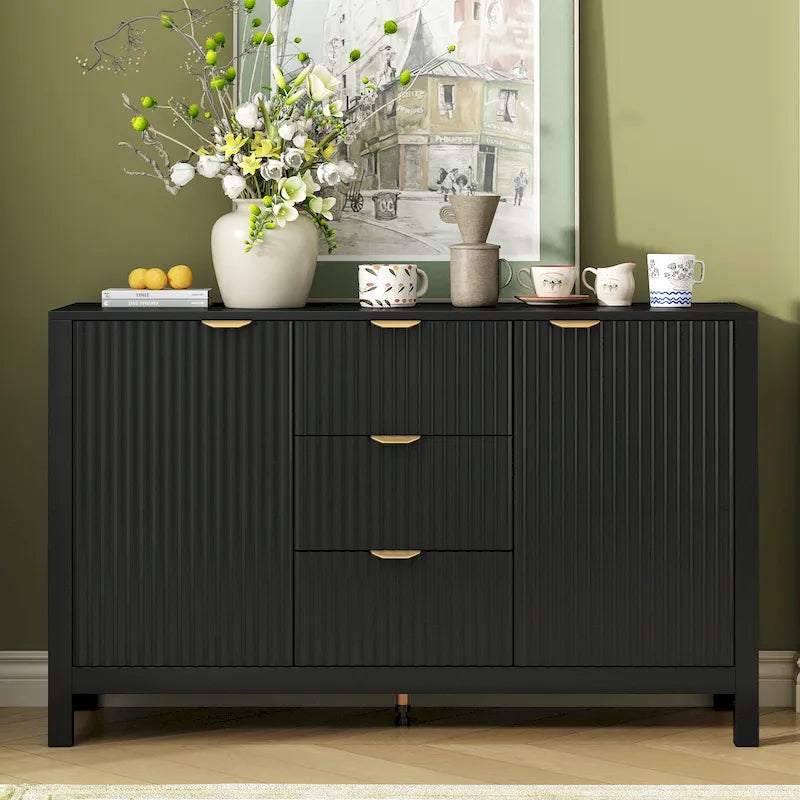 Meuble Buffet Bahut avec Design Vague, 3 Étagères Réglables et 3 Tiroirs