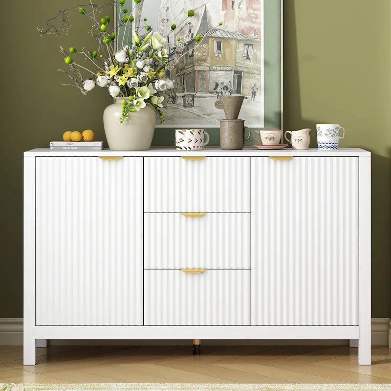 Meuble Buffet Bahut avec Design Vague, 3 Étagères Réglables et 3 Tiroirs