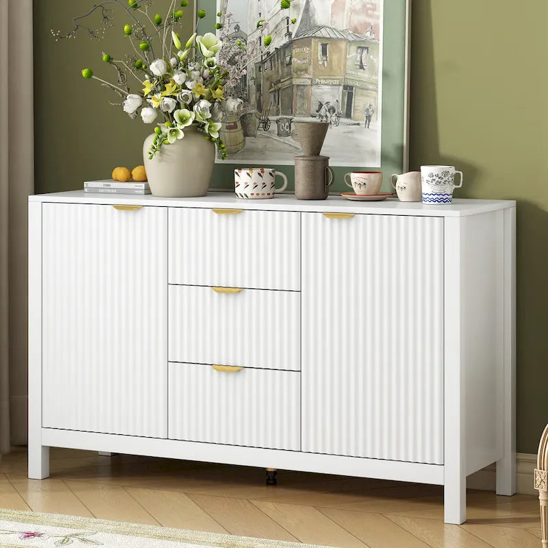 Meuble Buffet Bahut avec Design Vague, 3 Étagères Réglables et 3 Tiroirs