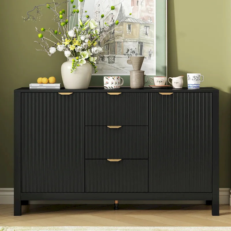 Meuble Buffet Bahut avec Design Vague, 3 Étagères Réglables et 3 Tiroirs