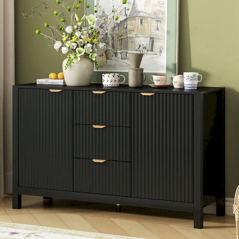 Meuble Buffet Bahut avec Design Vague, 3 Étagères Réglables et 3 Tiroirs