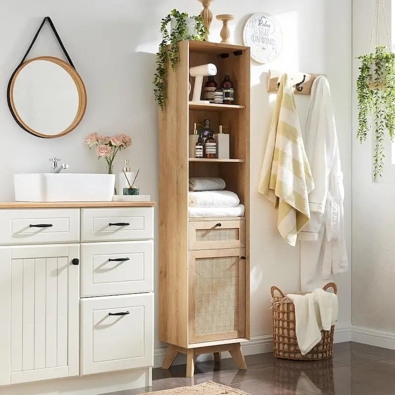 Natural Rattan Linen Cabinet, Modern Bathroom Towel Storage Cabinet