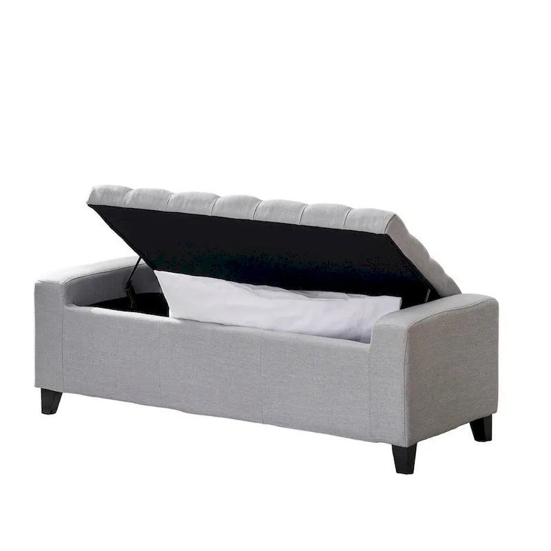 Banc ottoman de rangement, tissu gris clair, dessus capitonné