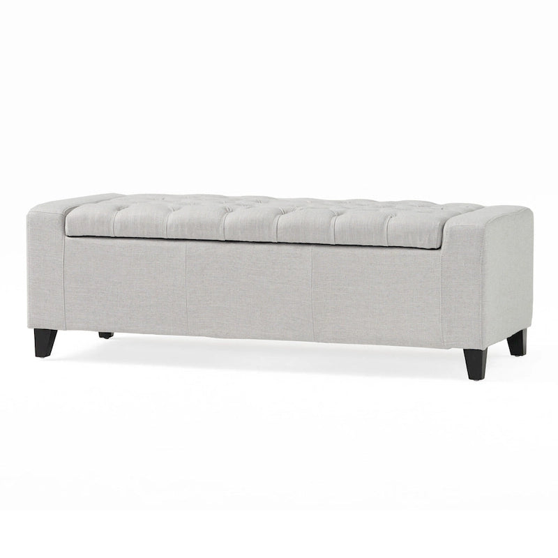 Banc ottoman de rangement, tissu gris clair, dessus capitonné