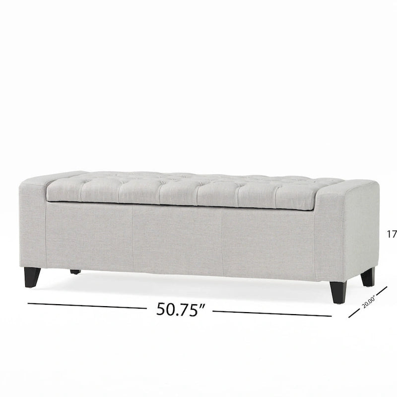 Banc ottoman de rangement, tissu gris clair, dessus capitonné
