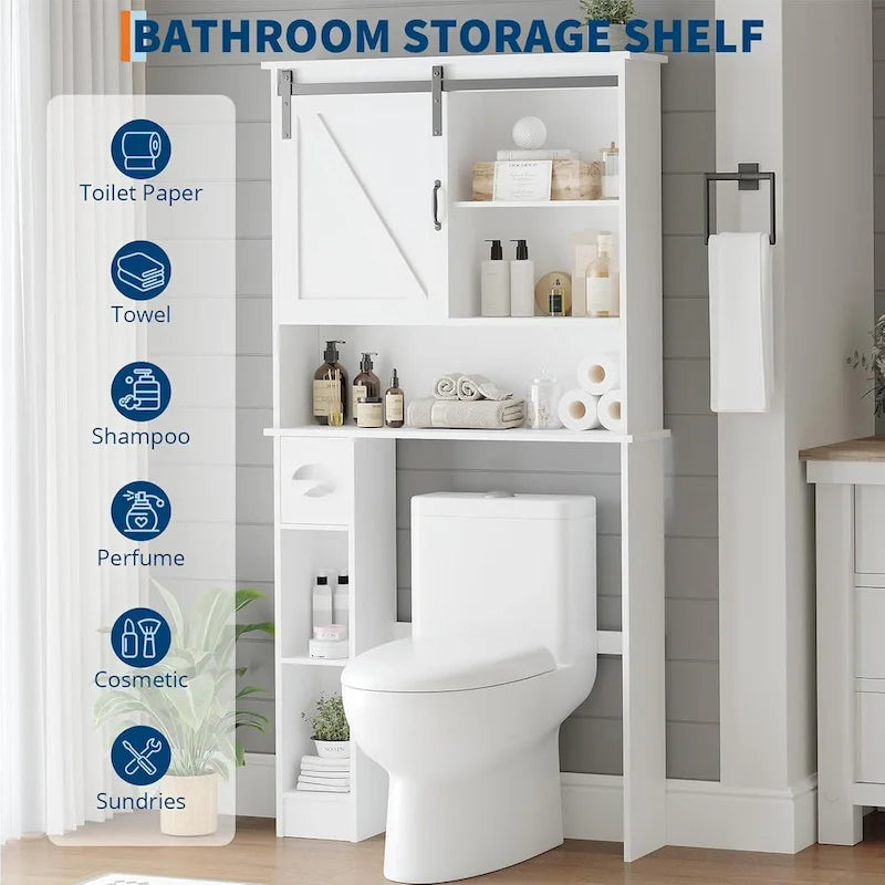 Meuble de rangement pour WC avec porte coulissante, meuble de rangement blanc au-dessus des toilettes