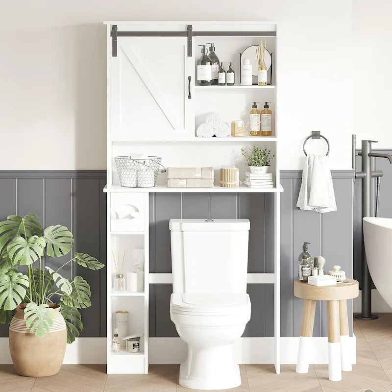 Meuble de rangement pour WC avec porte coulissante, meuble de rangement blanc au-dessus des toilettes