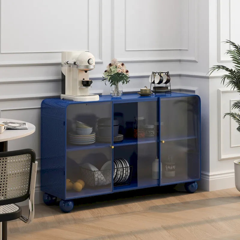Meuble de rangement moderne avec porte coulissante en verre et étagères pour cuisine, salon, salle de bain