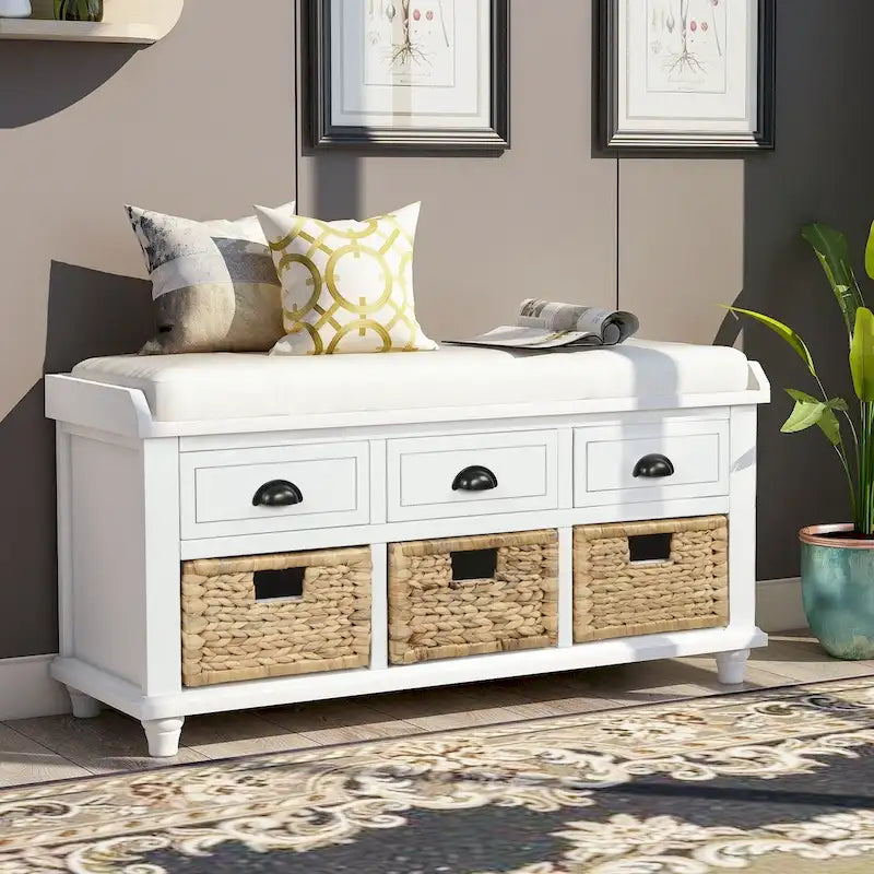 Banc de rangement avec tiroirs et paniers en rotin Banc à chaussures d'entrée
