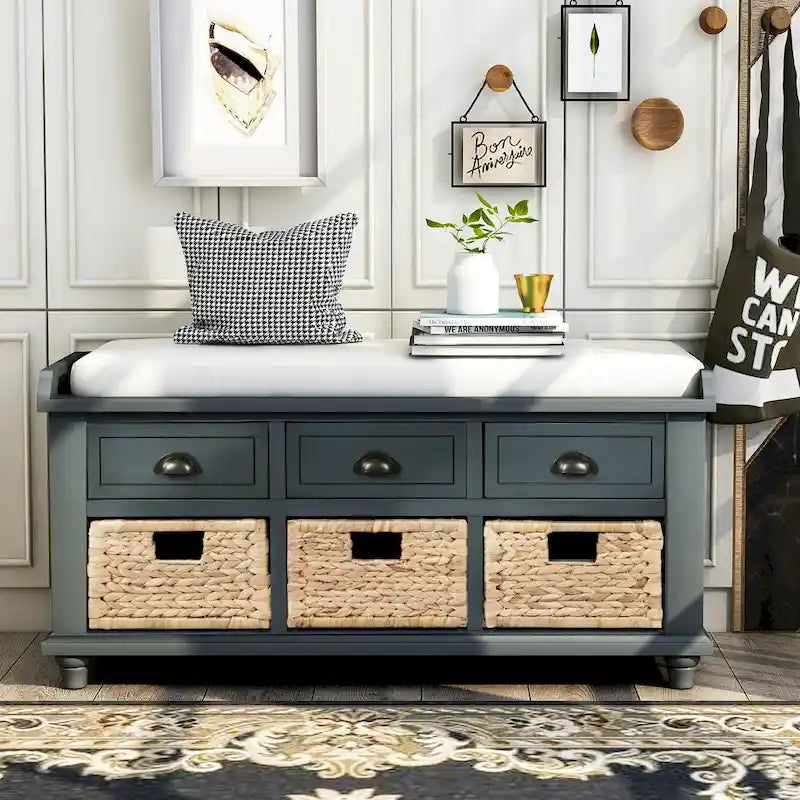 Banc de rangement avec tiroirs et paniers en rotin Banc à chaussures d'entrée