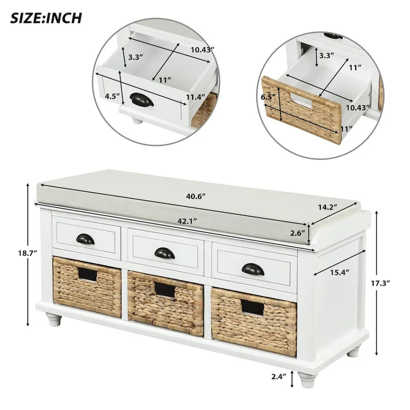 Banc de rangement avec tiroirs et paniers en rotin Banc à chaussures d'entrée