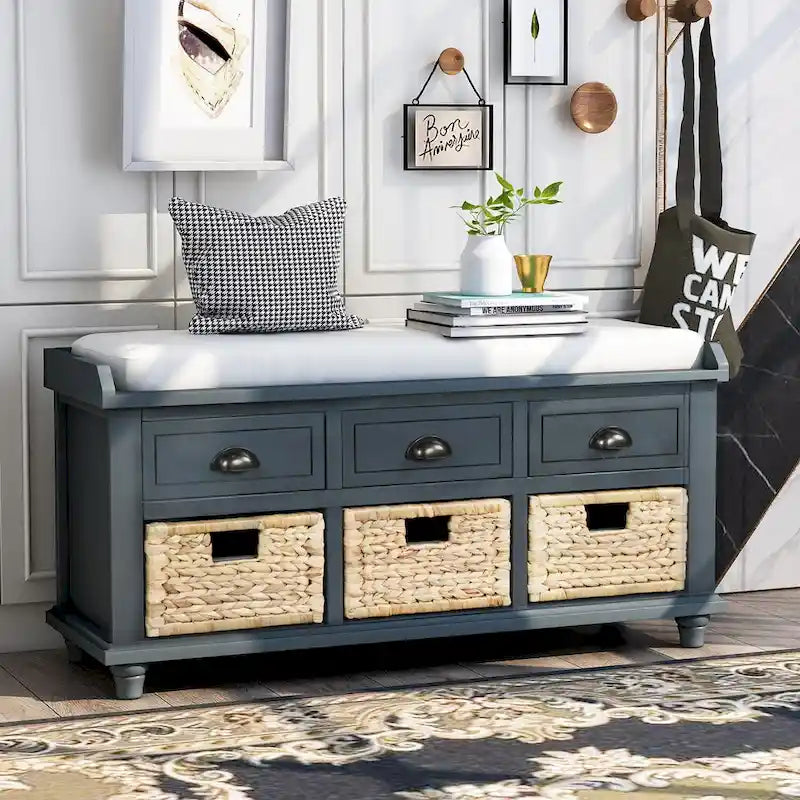 Banc de rangement avec tiroirs et paniers en rotin Banc à chaussures d'entrée