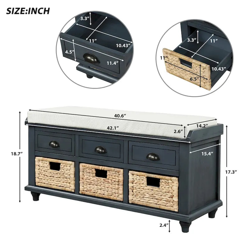 Banc de rangement avec tiroirs et paniers en rotin Banc à chaussures d'entrée