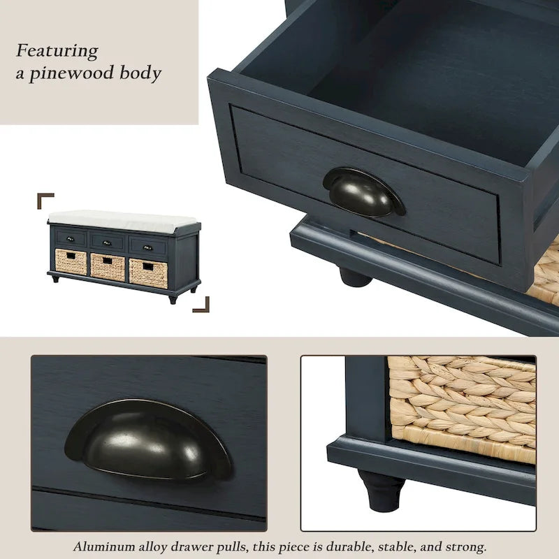 Banc de rangement avec tiroirs et paniers en rotin Banc à chaussures d'entrée