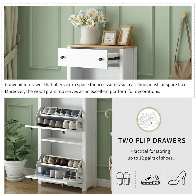 Meuble à chaussures en bois avec 2 tiroirs basculants et panneau ajustable