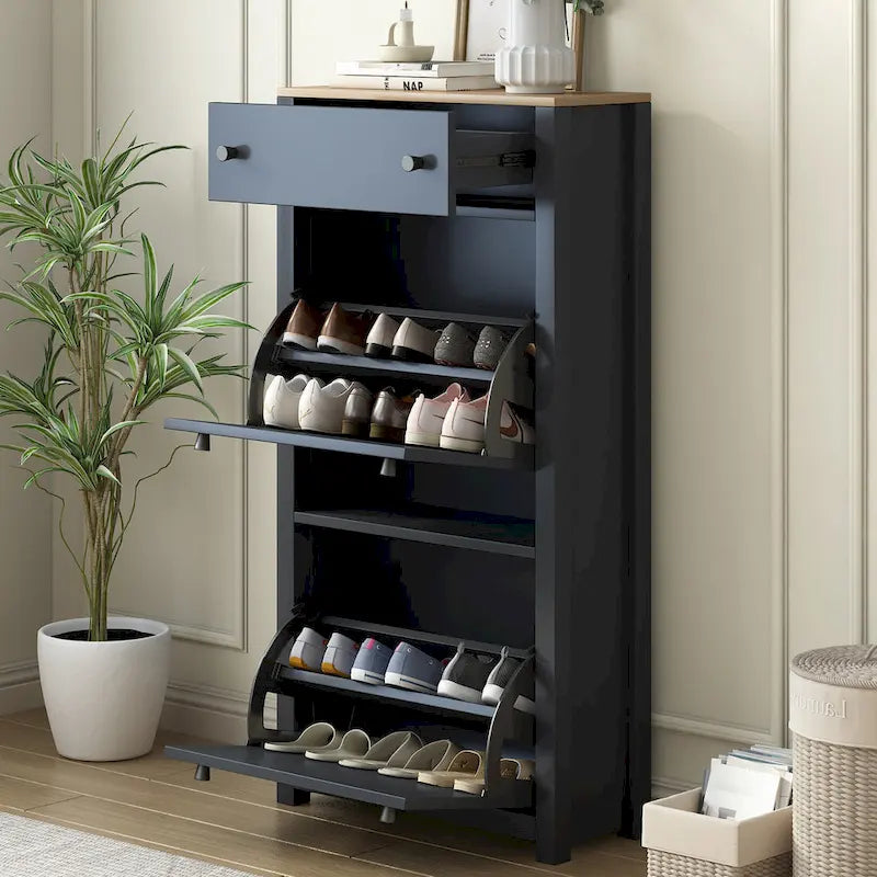 Meuble à chaussures en bois avec 2 tiroirs basculants et panneau ajustable