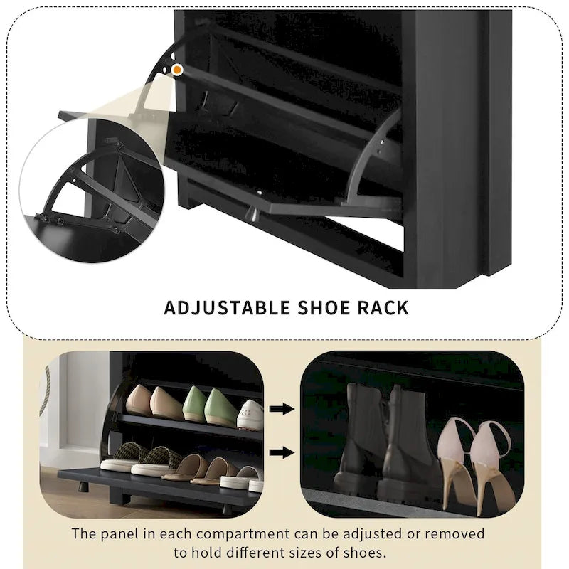 Meuble à chaussures en bois avec 2 tiroirs basculants et panneau ajustable