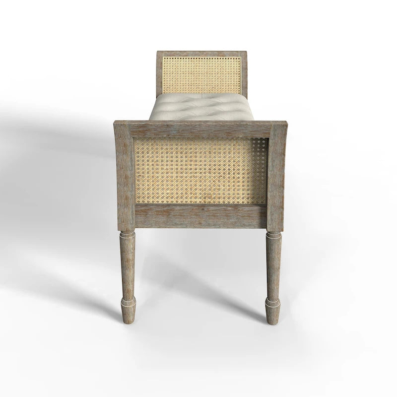 Banc rembourré capitonné en bois avec de hauts accoudoirs évasés en rotin