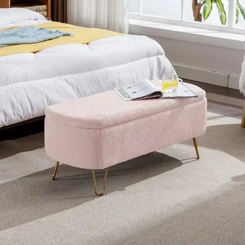 Banc de rangement ottoman en bouclette blanche pour salon et chambre