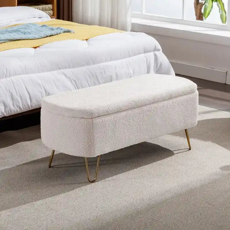 Banc de rangement ottoman en bouclette blanche pour salon et chambre