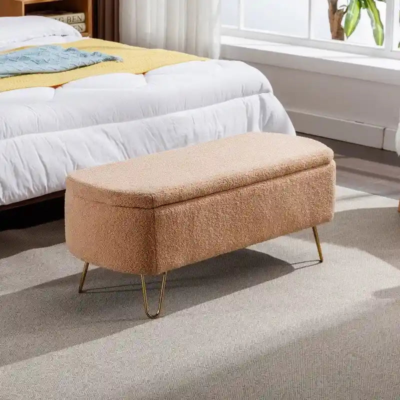 Banc de rangement ottoman en bouclette blanche pour salon et chambre