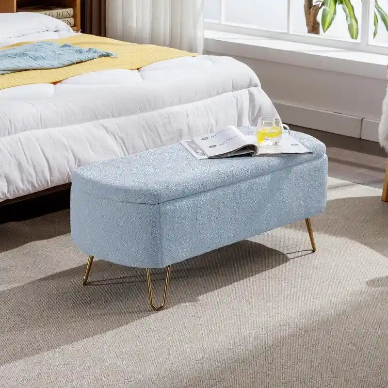 Banc de rangement ottoman en bouclette blanche pour salon et chambre