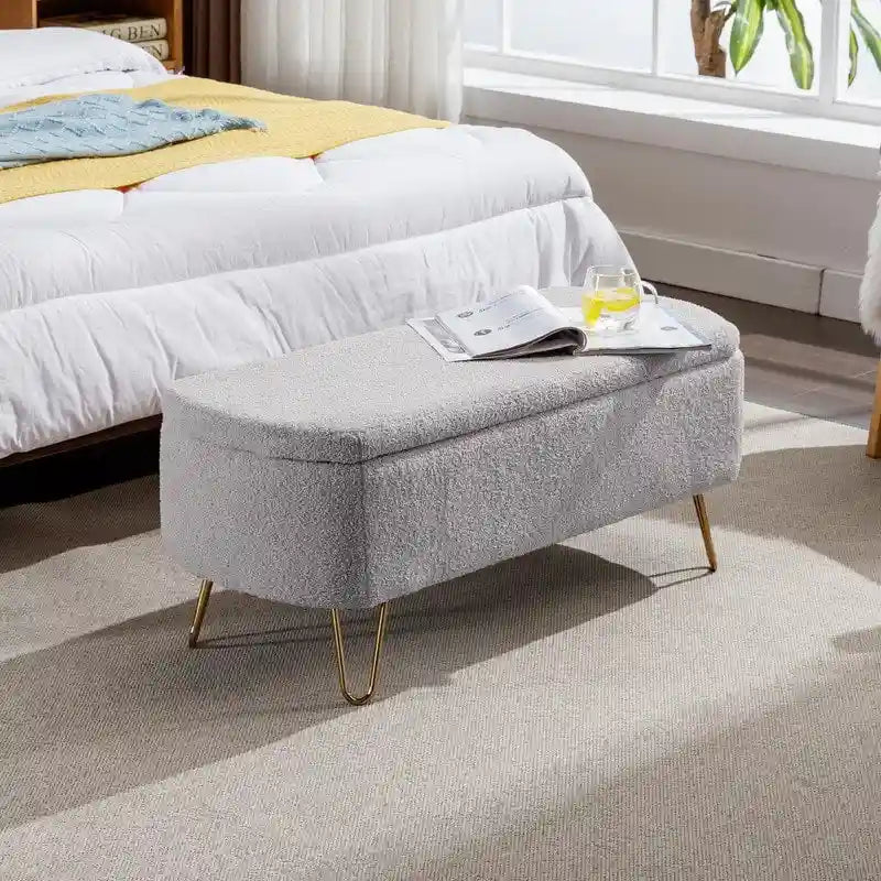 Banc de rangement ottoman en bouclette blanche pour salon et chambre