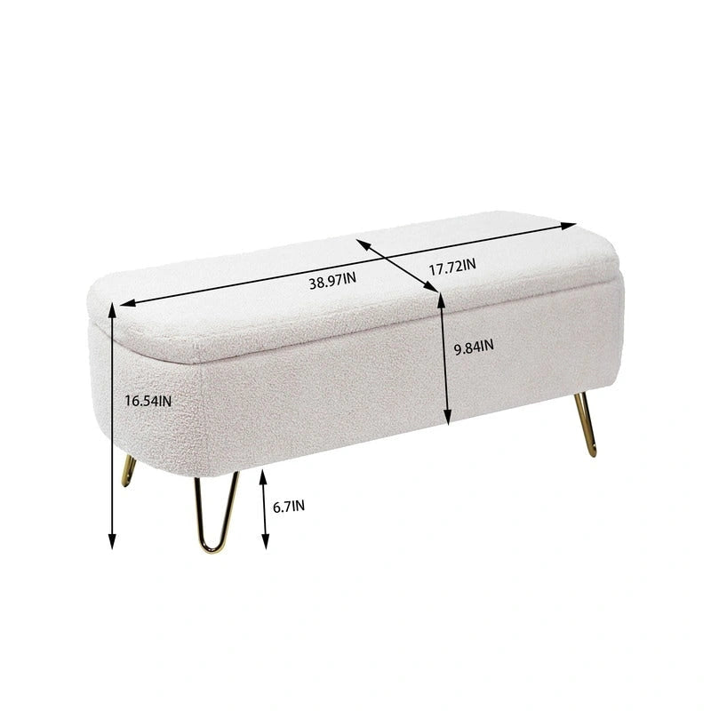 Banc de rangement ottoman en bouclette blanche pour salon et chambre