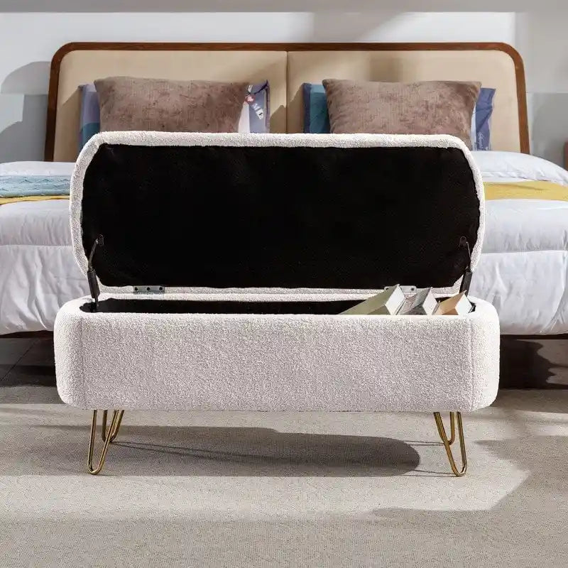 Banc de rangement ottoman en bouclette blanche pour salon et chambre