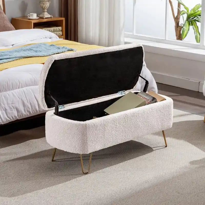 Banc de rangement ottoman en bouclette blanche pour salon et chambre