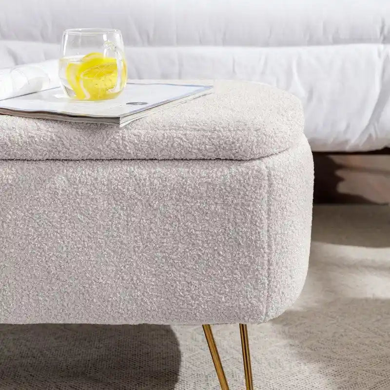 Banc de rangement ottoman en bouclette blanche pour salon et chambre
