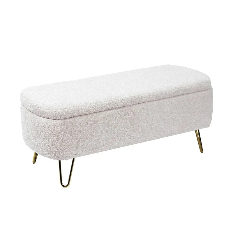 Banc de rangement ottoman en bouclette blanche pour salon et chambre