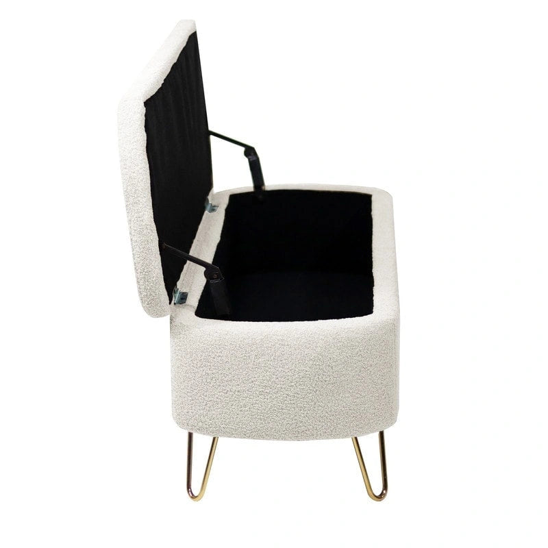 Banc de rangement ottoman en bouclette blanche pour salon et chambre