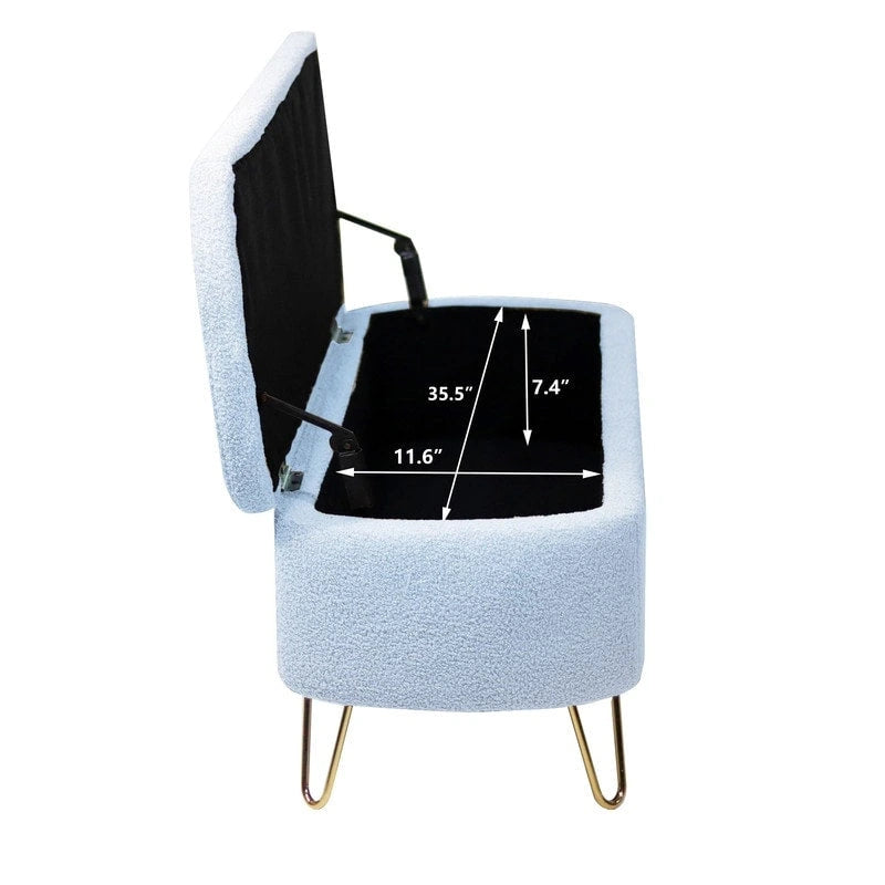Banc de rangement ottoman en bouclette blanche pour salon et chambre