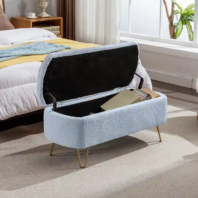 Banc de rangement ottoman en bouclette blanche pour salon et chambre