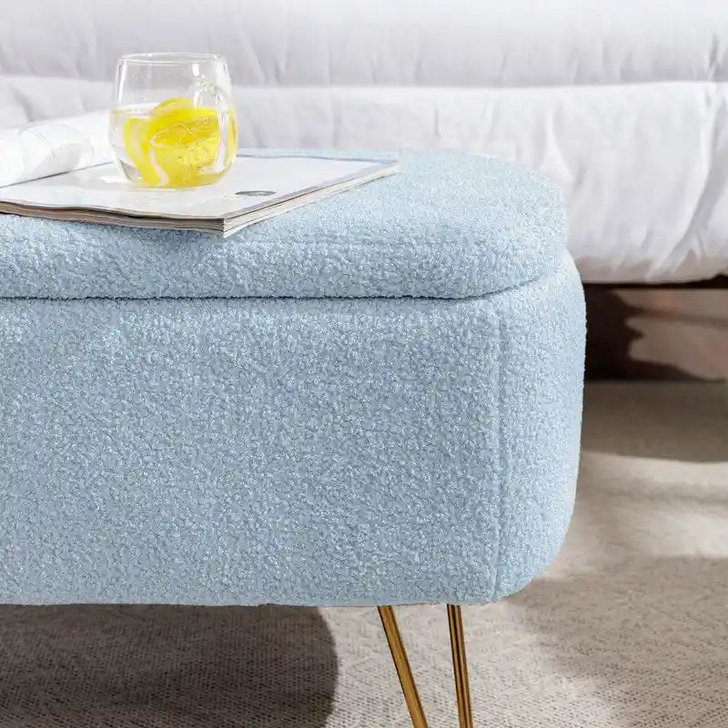 Banc de rangement ottoman en bouclette blanche pour salon et chambre