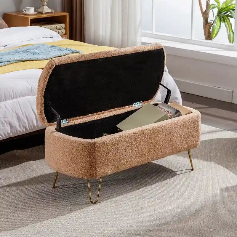 Banc de rangement ottoman en bouclette blanche pour salon et chambre