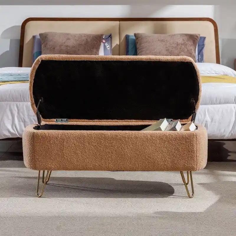 Banc de rangement ottoman en bouclette blanche pour salon et chambre