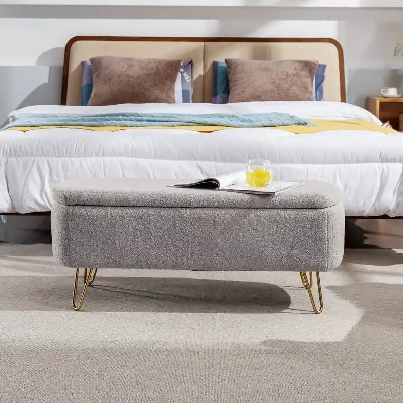Banc de rangement ottoman en bouclette blanche pour salon et chambre