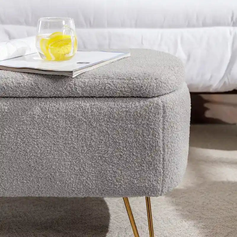 Banc de rangement ottoman en bouclette blanche pour salon et chambre