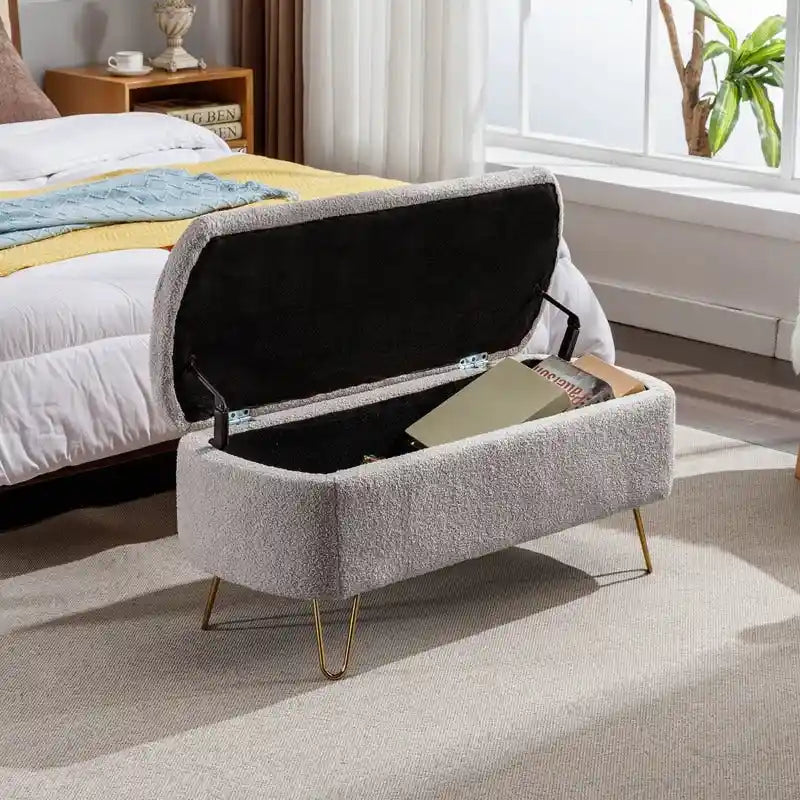 Banc de rangement ottoman en bouclette blanche pour salon et chambre