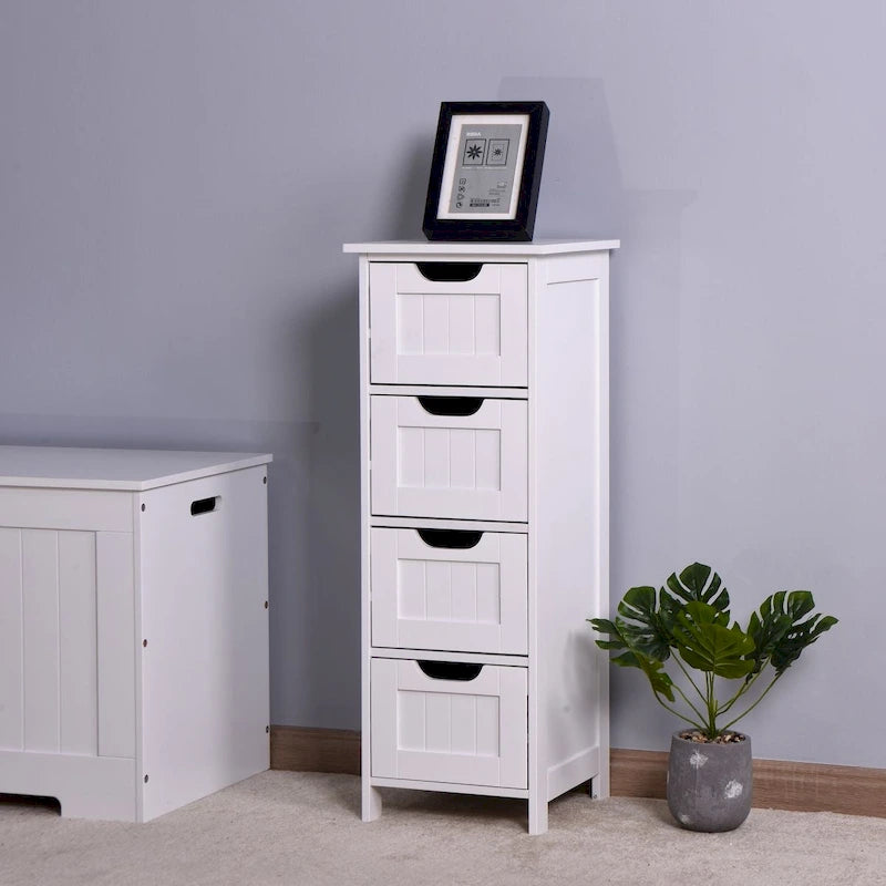 Meuble de Rangement de Salle de Bain Blanc, Meuble Autoportant avec Tiroirs