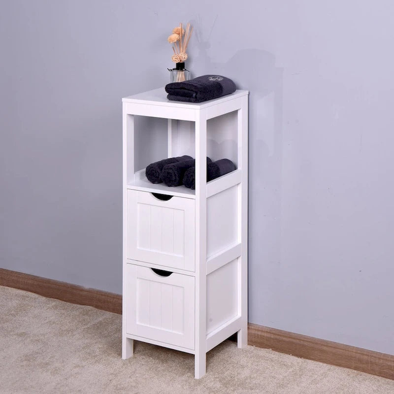Meuble de Rangement de Salle de Bain Blanc, Meuble Autoportant avec Tiroirs