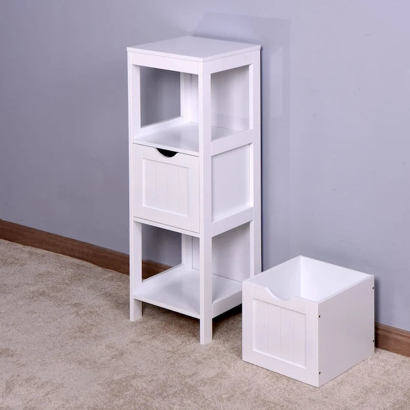 Meuble de Rangement de Salle de Bain Blanc, Meuble Autoportant avec Tiroirs