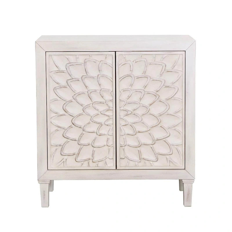 Cabinet d'appoint en bois à 2 portes avec sculptures florales, blanc délavé vieilli