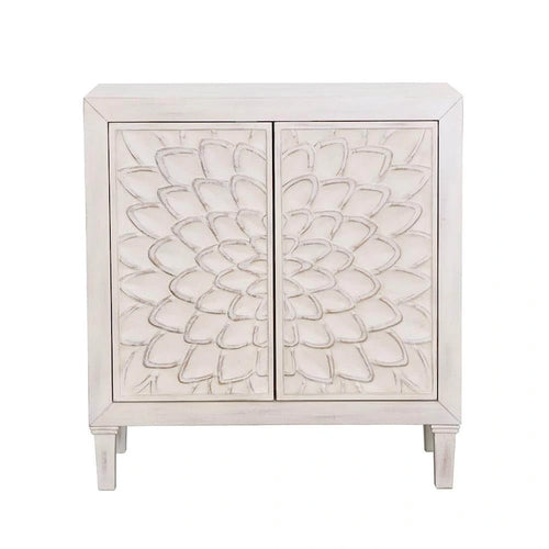 Cabinet d'appoint en bois à 2 portes avec sculptures florales, blanc délavé vieilli