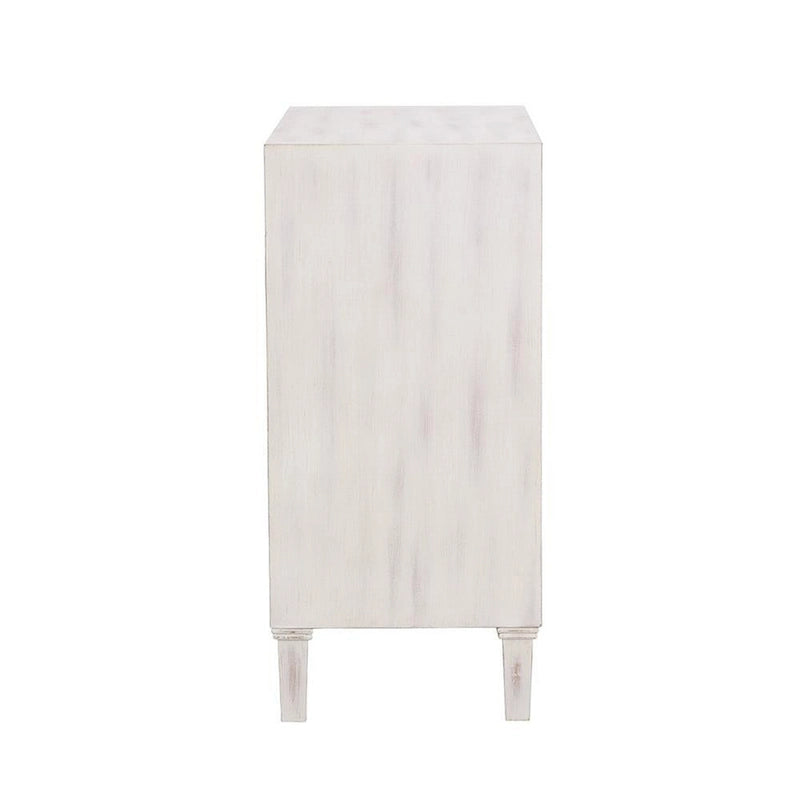 Cabinet d'appoint en bois à 2 portes avec sculptures florales, blanc délavé vieilli